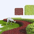 Green and Red Shrubs in Landscaped Grass Area with Deer Grazing