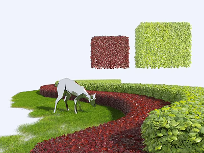 Green and Red Shrubs in Landscaped Grass Area with Deer Grazing 3d model