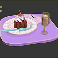 Chocolate Pudding With Cherry On Top Served On White Plate Blue Fork And Pink Drink