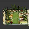 Cartoon Scene With Green Door Lush Plants Wooden Shelf Red Carpet And Yellow Sofa