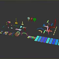 Colorful Architectural Models With Various Structures Components And Geometric Shapes On Black Background