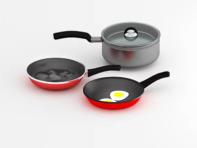 Cookware Set Including Red Frying Pans Silver Covered Pot With Black Handles And Fried Egg 3d model