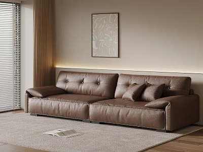 Brown Leather Sectional Sofa With Cushions Near Window And Wall Art On Rug 3d model