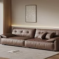 Brown Leather Sectional Sofa With Cushions Near Window And Wall Art On Rug