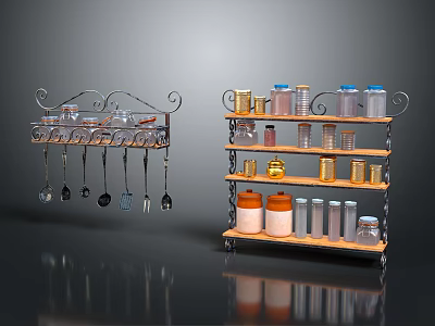 Kitchen Shelving Units with Hooks for Utensils and Multi Tier Shelves Holding Storage Jars 3d model
