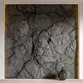 Gray Cracked Texture Background Wall With Gold Frame And Green Plant Vase