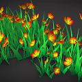 Vibrant Orange Yellow Flowers With Green Grass Leaves On Black Background