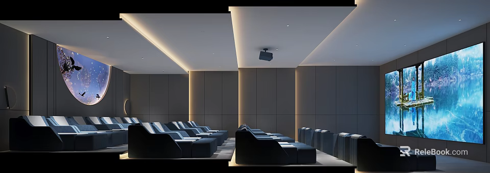 Modern Cinema Interior With Neatly Arranged Comfortable Dark Seats And Projector 3d model 