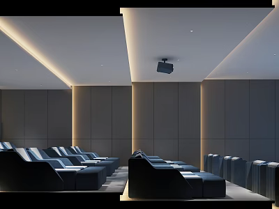 Modern Cinema Interior With Neatly Arranged Comfortable Dark Seats And Projector 3d model