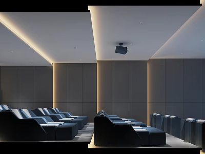 Modern Cinema Interior With Neatly Arranged Comfortable Dark Seats And Projector 3d model