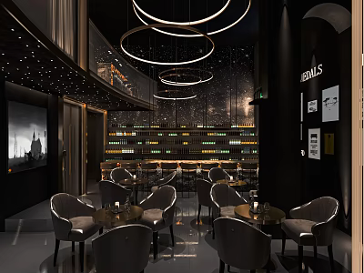 Elegant Modern Bar Interior With Round Pendant Lights Comfortable Chairs Wine Racks And Tables 3d model