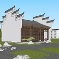 Traditional Chinese Ancient Architecture with White Walls Black Roof Curved Eaves and Wooden Doors