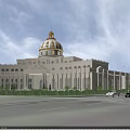 European Style Architectural Building With Golden Dome White Facade Columns And Plaza Greenery