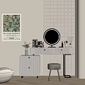 Modern Luxury Dressing Table With Round Mirror Decorative Painting Green Plant And Upholstered Stool