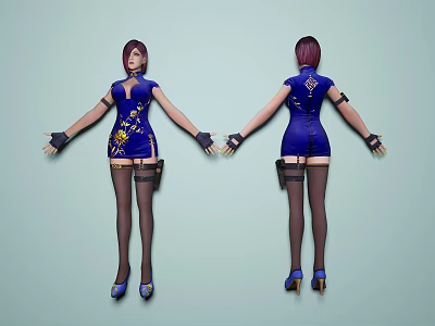Woman In Blue Qipao With Yellow Floral Patterns Black Thigh High Stockings And Heels 3d model