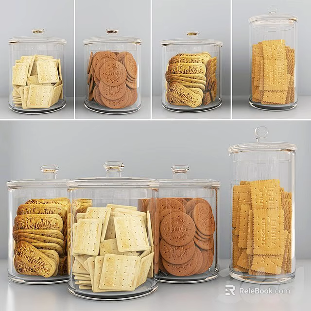 Assorted Biscuits in Clear Glass Jars with Different Shapes and Colors 3d model 