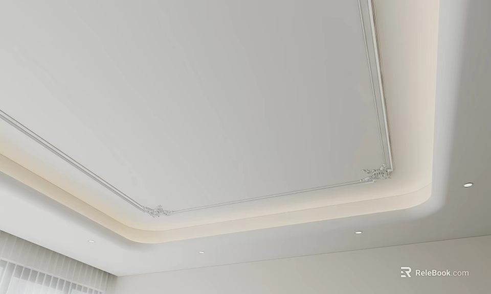 Modern Ceiling Design With Square Shape Recessed Lighting And Gypsum Cornice 3d model 