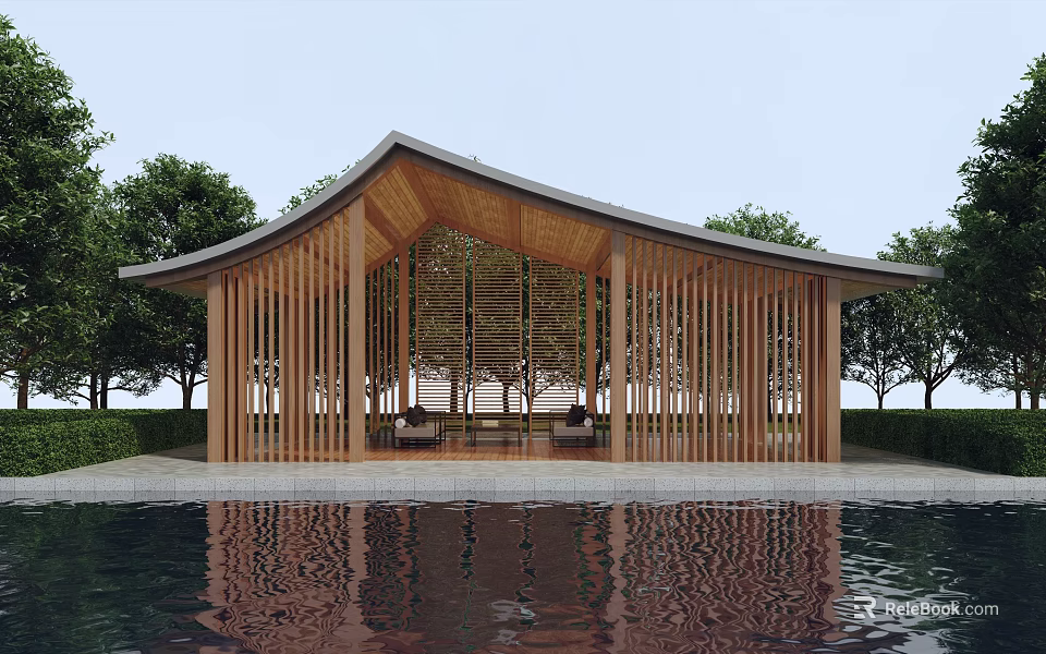 Wooden Pavilion with Curved Roof Surrounded by Trees and Water Reflection 3d model 