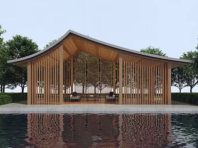 Wooden Pavilion with Curved Roof Surrounded by Trees and Water Reflection 3d model