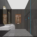 Modern Public Toilet Interior With Gold Circular Mirrors White Washbasins And Ambient Lighting Design