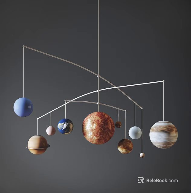 Creative Planetary Model Chandelier With Hanging Colored Spheres And Curved Metal Arms Design 3d model 