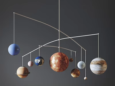 Creative Planetary Model Chandelier With Hanging Colored Spheres And Curved Metal Arms Design 3d model