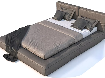 Modern Gray Upholstered Double Bed With Headboard Pillows And Blanket 3d model
