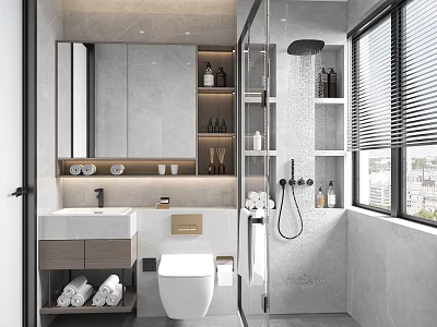 Modern Bathroom Interior Design With Vanity Sink Toilet Shower Area Mirror Shelves And Window Blinds 3d model