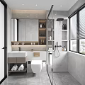 Modern Bathroom Interior Design With Vanity Sink Toilet Shower Area Mirror Shelves And Window Blinds