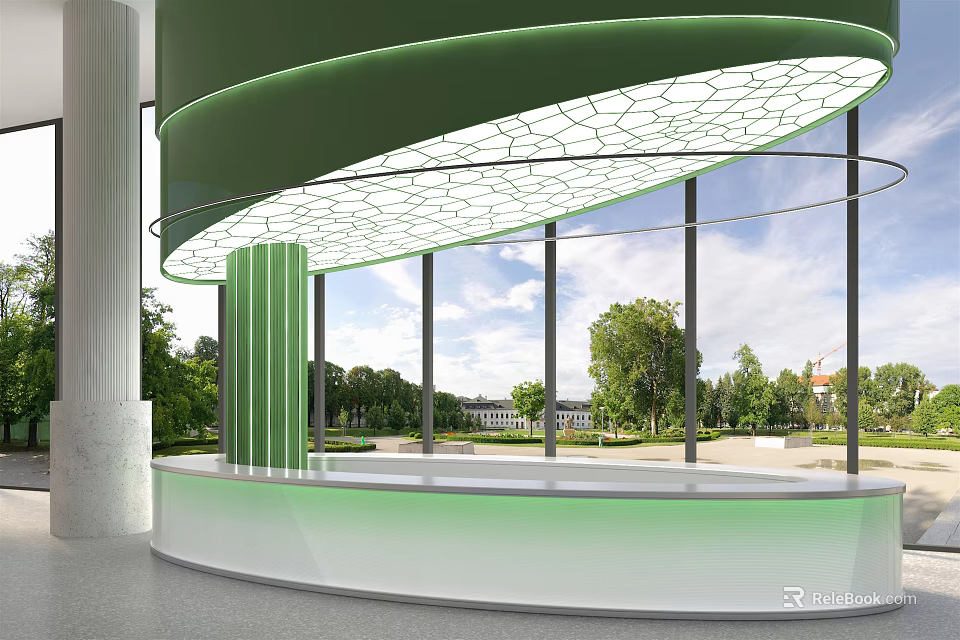Modern Reception Desk with Curved Green Canopy Glass Elements and Window View of Outdoor Trees 3d model 