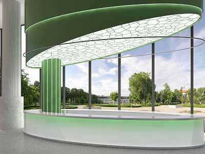 Modern Reception Desk with Curved Green Canopy Glass Elements and Window View of Outdoor Trees 3d model