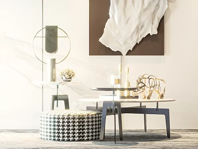 Modern Coffee Table With Decorative Items Artwork Lamp And Checkered Ottoman 3d model
