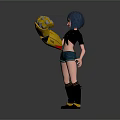 Anime Style Character With Blue Short Hair Black Top Denim Shorts And Yellow Mechanical Glove