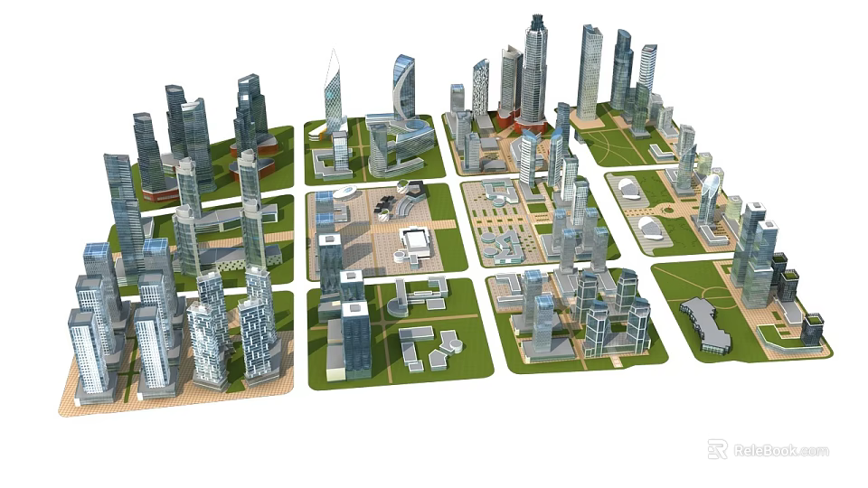 Commercial Complex Urban Planning With Modern Skyscrapers Green Spaces And Facilities 3d model 