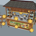 Commercial Outdoor Setup With Wooden Kiosk Roof Tables Stools Drink Display And Decorative Plants