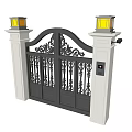 Ornate Black Iron Entrance Gate With White Pillars Pillar Lamps And Access Control Keypad