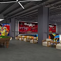 Indoor Basketball Court With Wooden Flooring Blue Markings Basketball Hoops And Firesun Banners