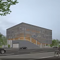 Modern Multi Story Glass Facade Office Building on Urban Street with Pedestrians Trees and Cars