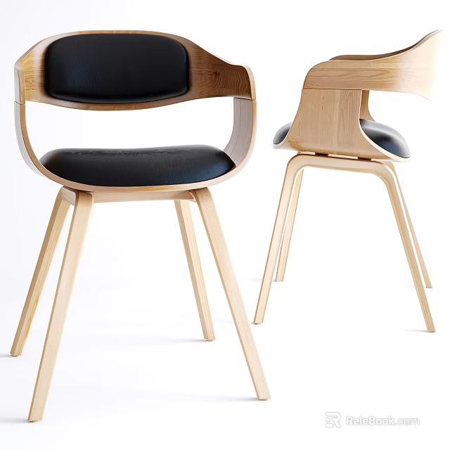 Modern Leisure Chair With Wooden Frame And Black Leather Cushion Design 3d model 