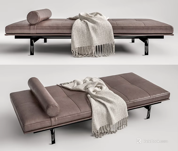 Stylish Modern Brown Leather Ottoman With Rolled Cushion Blanket And Metal Legs 3d model 