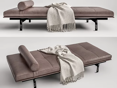 Stylish Modern Brown Leather Ottoman With Rolled Cushion Blanket And Metal Legs 3d model