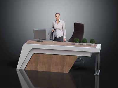 Modern Reception Desk Interior Design With Computer Monitor And Potted Plants 3d model