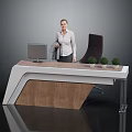 Modern Reception Desk Interior Design With Computer Monitor And Potted Plants