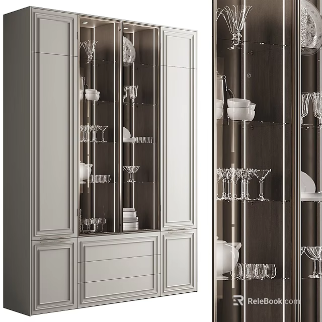 Modern Elegant Sideboard With Glass Doors Display Shelves And Wine Glasses 3d model 
