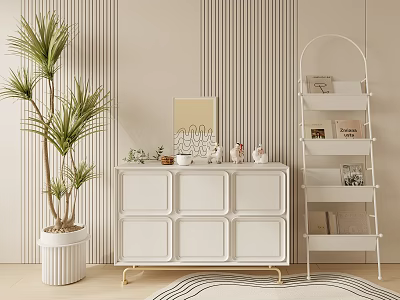 White Decorative Cabinet With Gold Legs And Potted Plant In Modern Living Room 3d model