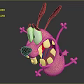 Playful Pink Cartoon Creature With Big Eyes Open Mouth Brown Ears And Star Decorated Paws