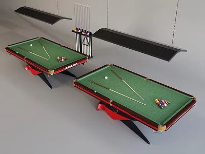 Modern Billiard Room With Two Green Felt Pool Tables And Hanging Lights For Leisure 3d model