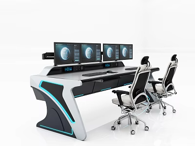 Modern Office Desk With Multiple Monitors Ergonomic Chairs And Blue Accent Lighting 3d model