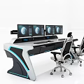 Modern Office Desk With Multiple Monitors Ergonomic Chairs And Blue Accent Lighting