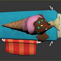 Pink Ice Cream Cone With Chocolate Drizzle On Colorful Ice Cream Truck